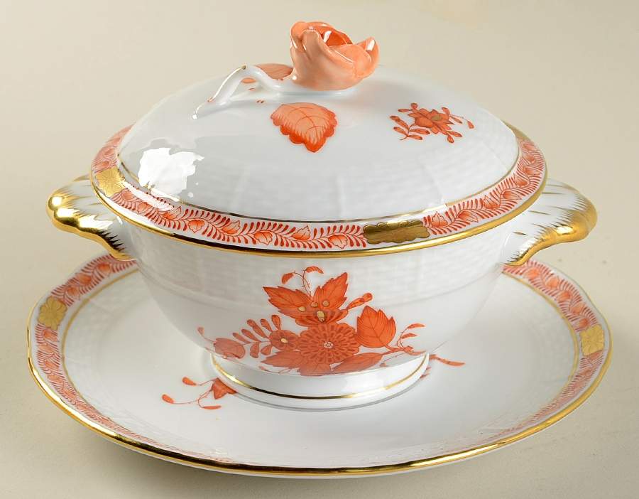 Chinese Bouquet Rust (AOG) Footed Bouillon Cup and Saucer with Lid by Herend-1