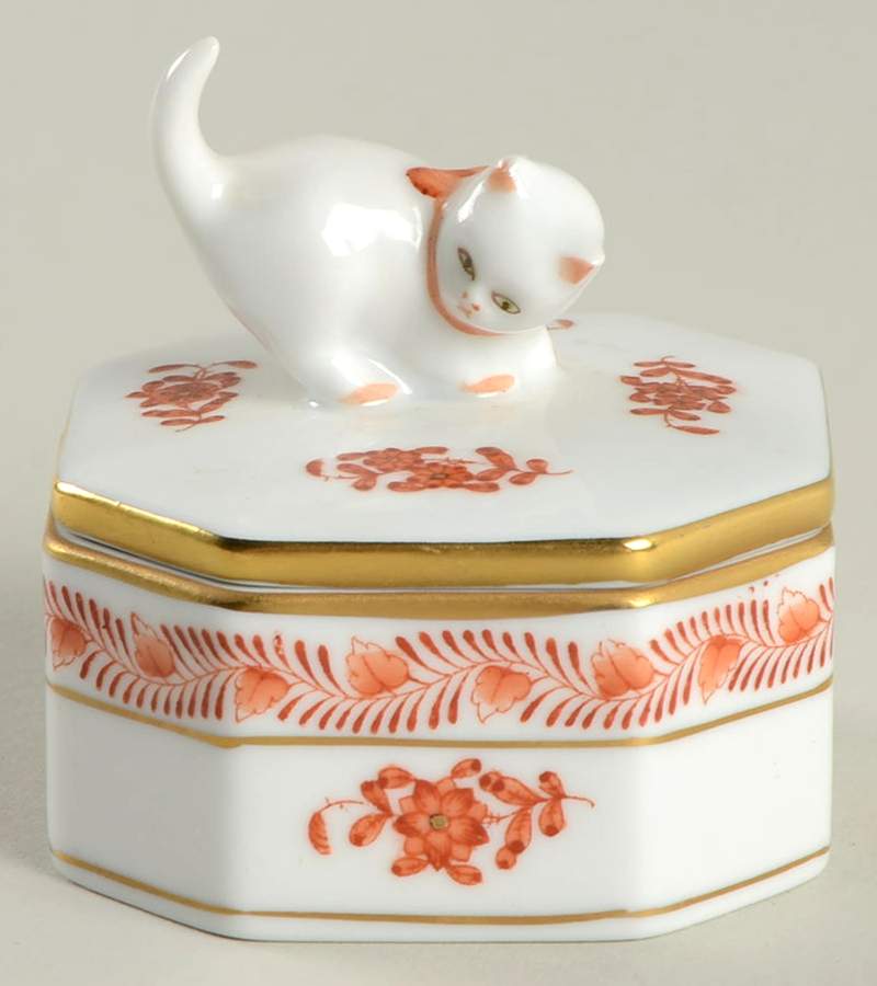 Chinese Bouquet Rust (AOG) Trinket Box with Cat Lid by Herend-1