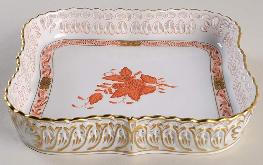 Chinese Bouquet Rust (AOG) Square Openwork Gallery Tray by Herend-1