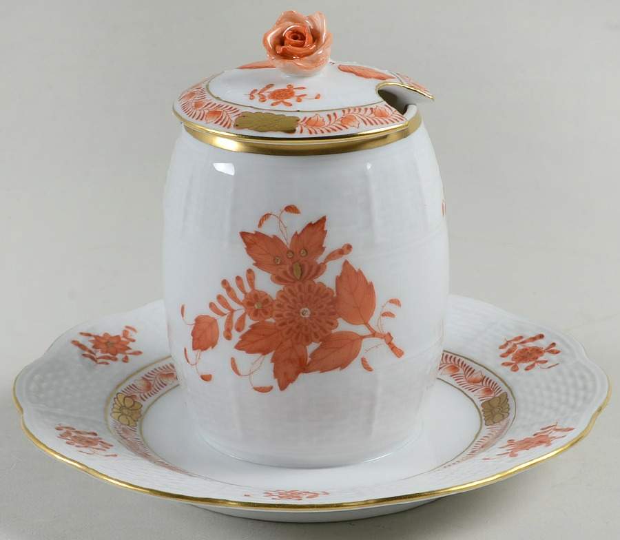 Chinese Bouquet Rust (AOG) Jam/Jelly & Lid w/Attached Underplate by Herend-1