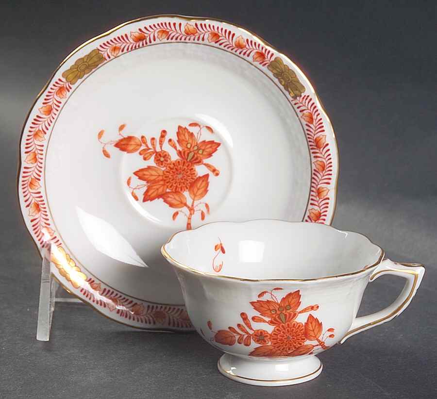 Chinese Bouquet Rust (AOG) Footed Demitasse Cup & Saucer Set by Herend-1