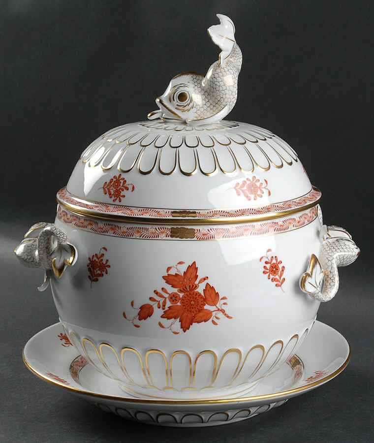 Chinese Bouquet Rust (AOG) Dolphin Tureen wLid & Underplate by Herend-1