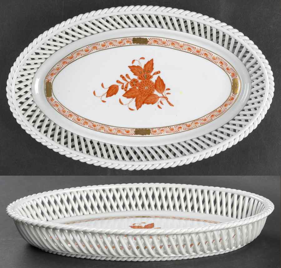 Chinese Bouquet Rust (AOG) 10" Oval Open Weave Basket by Herend-1