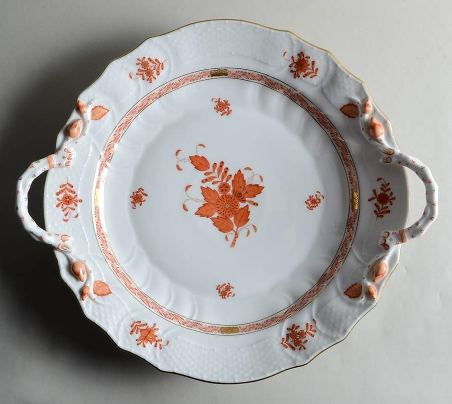 Chinese Bouquet Rust (AOG) 14" Handled Chop Plate (Round Platter) by Herend-1
