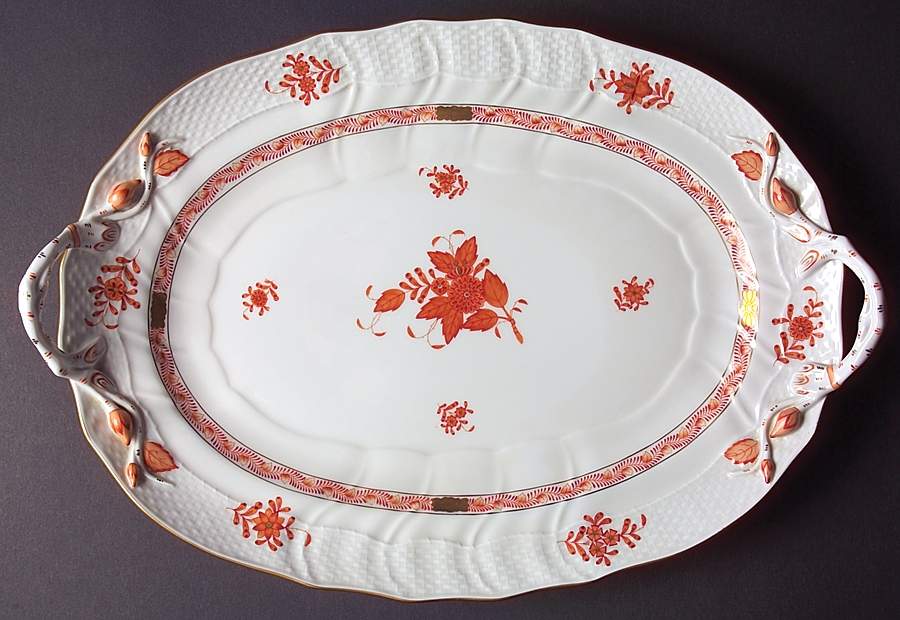 Chinese Bouquet Rust (AOG) 15" Oval Handled Platter by Herend-1