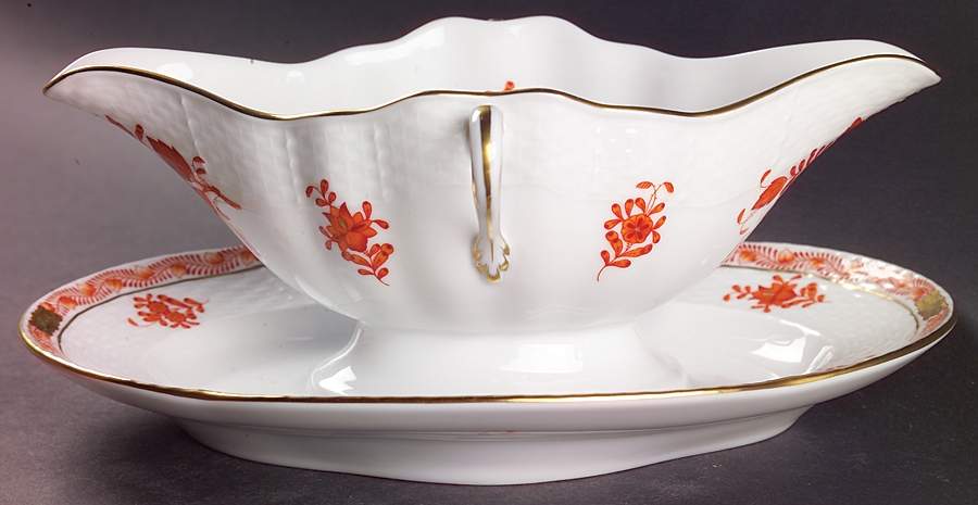 Chinese Bouquet Rust (AOG) Gravy Boat with Attached Underplate by Herend-1