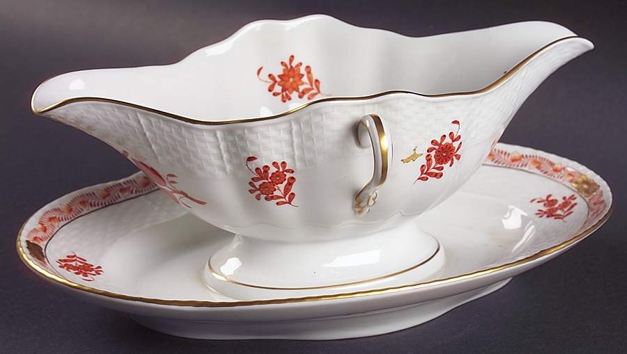 Chinese Bouquet Rust (AOG) Gravy Boat with Attached Underplate by Herend-1