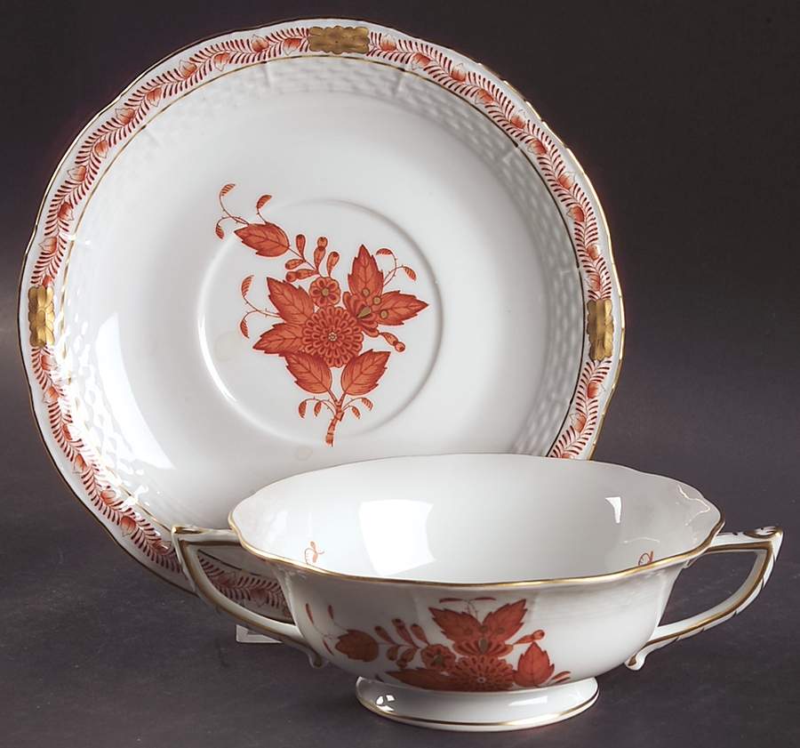 Chinese Bouquet Rust (AOG) Footed Cream Soup Bowl & Saucer Set by Herend-1