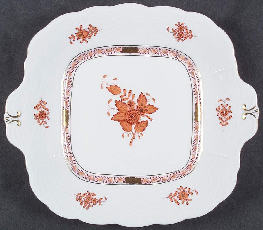 Chinese Bouquet Rust (AOG) Square Handled Cake Plate by Herend-1
