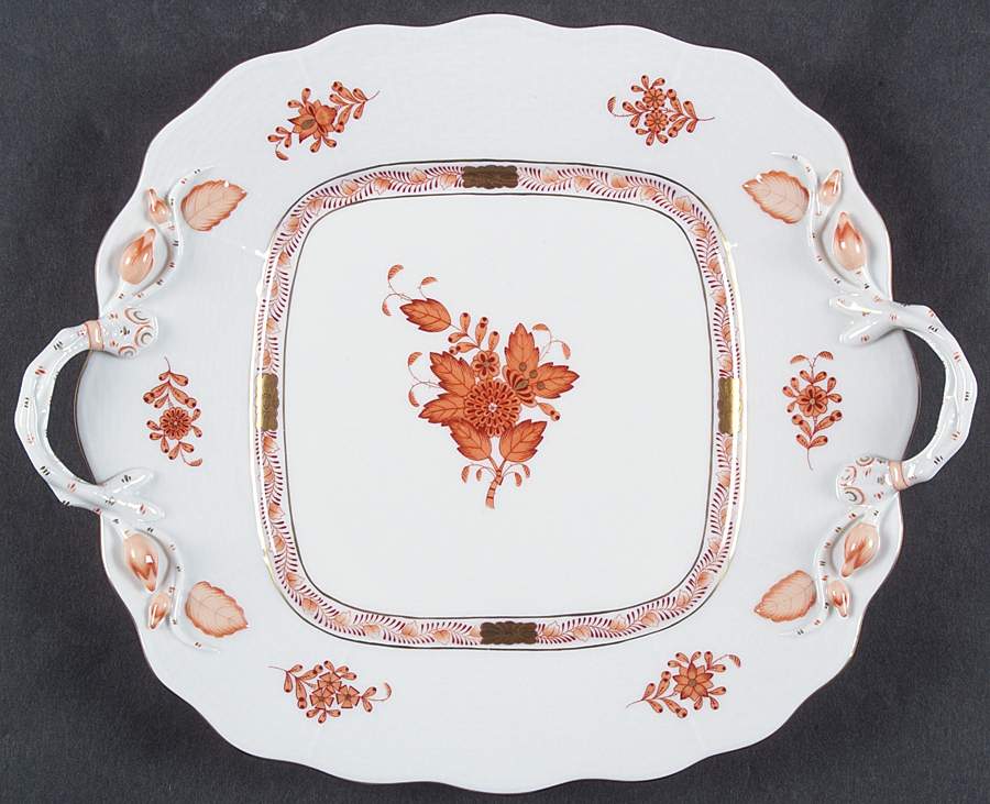 Chinese Bouquet Rust (AOG) Square Handled Cake Plate by Herend-1