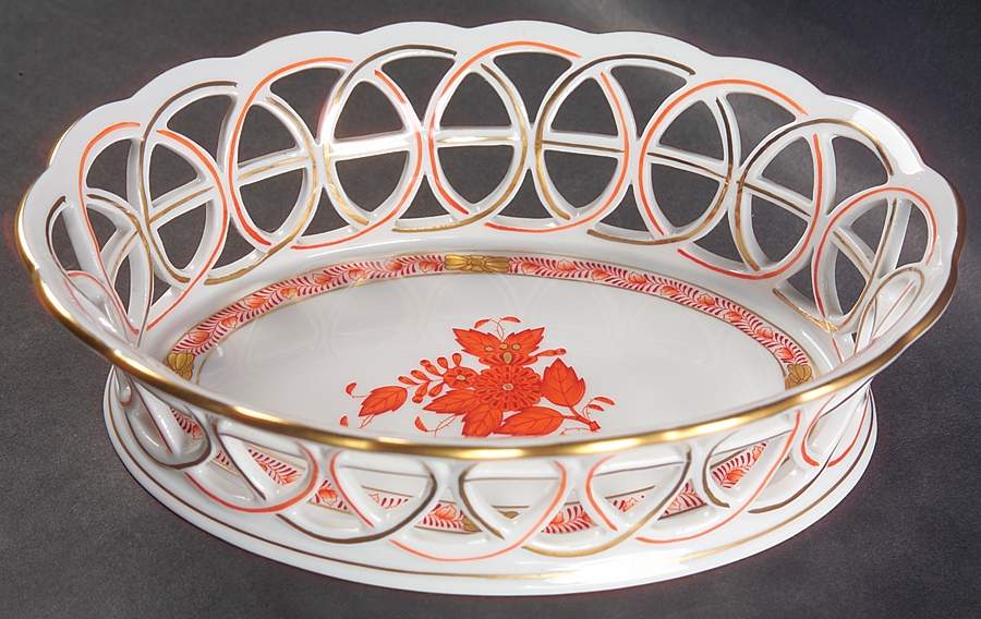 Chinese Bouquet Rust (AOG) 8" Oval Open Weave Basket by Herend-1