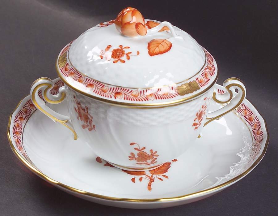 Chinese Bouquet Rust (AOG) Cream Soup Bowl & Saucer Set with Lid by Herend-1
