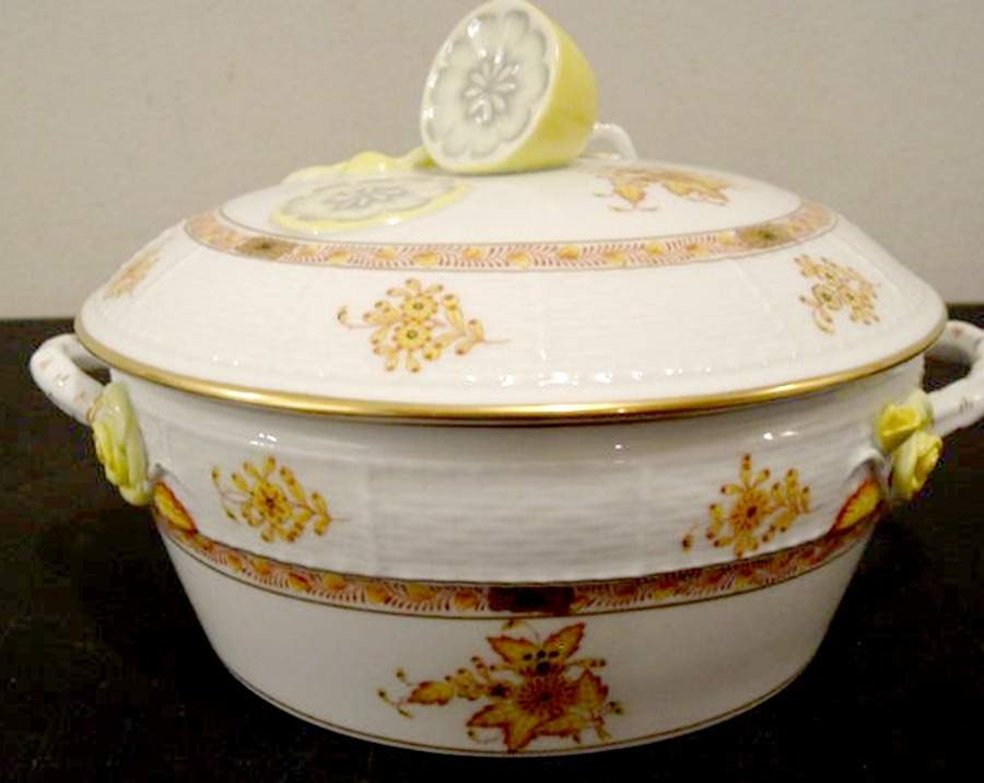 Chinese Bouquet Yellow (AJ) Round Covered Vegetable by Herend-1