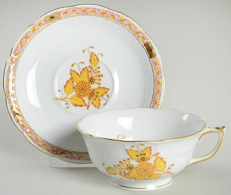 Chinese Bouquet Yellow (AJ) Footed Cup & Saucer Set by Herend-1