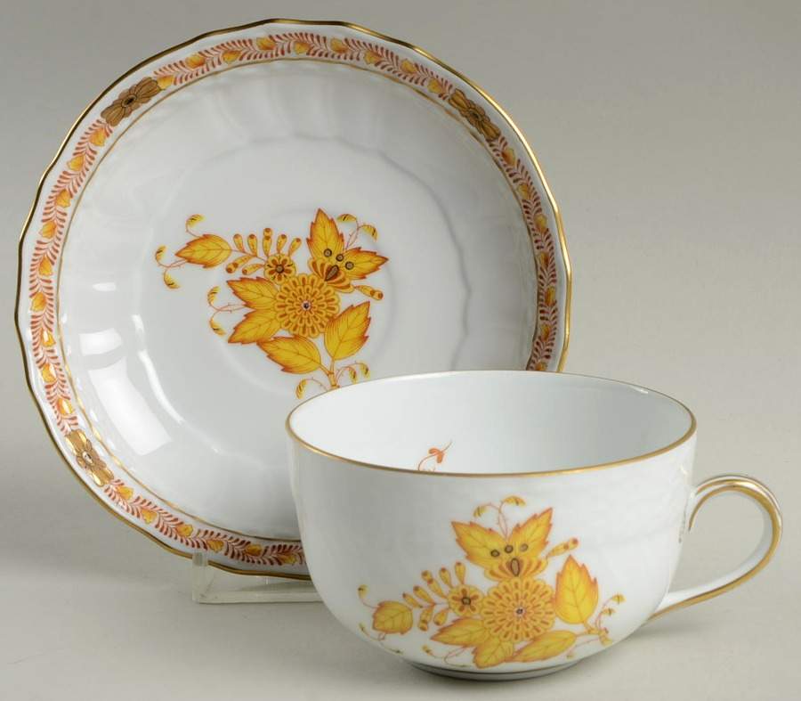 Chinese Bouquet Yellow (AJ) Flat Cup & Saucer Set by Herend-1