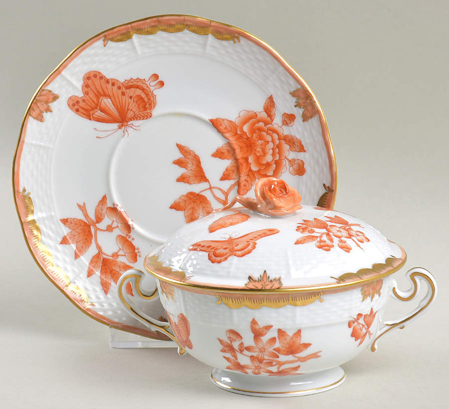Fortuna (Vboh) Cream Soup Bowl & Saucer Set with Lid by Herend-1