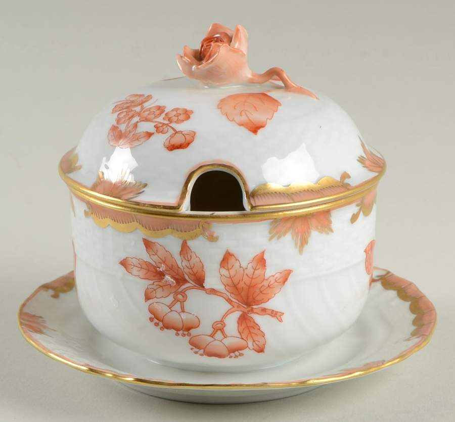 Fortuna (Vboh) Jam/Jelly & Lid w/Attached Underplate by Herend-1