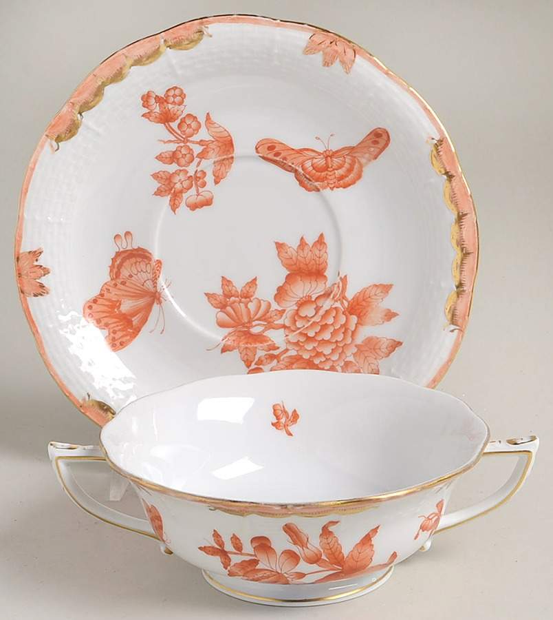 Fortuna (Vboh) Footed Cream Soup Bowl & Saucer Set by Herend-1