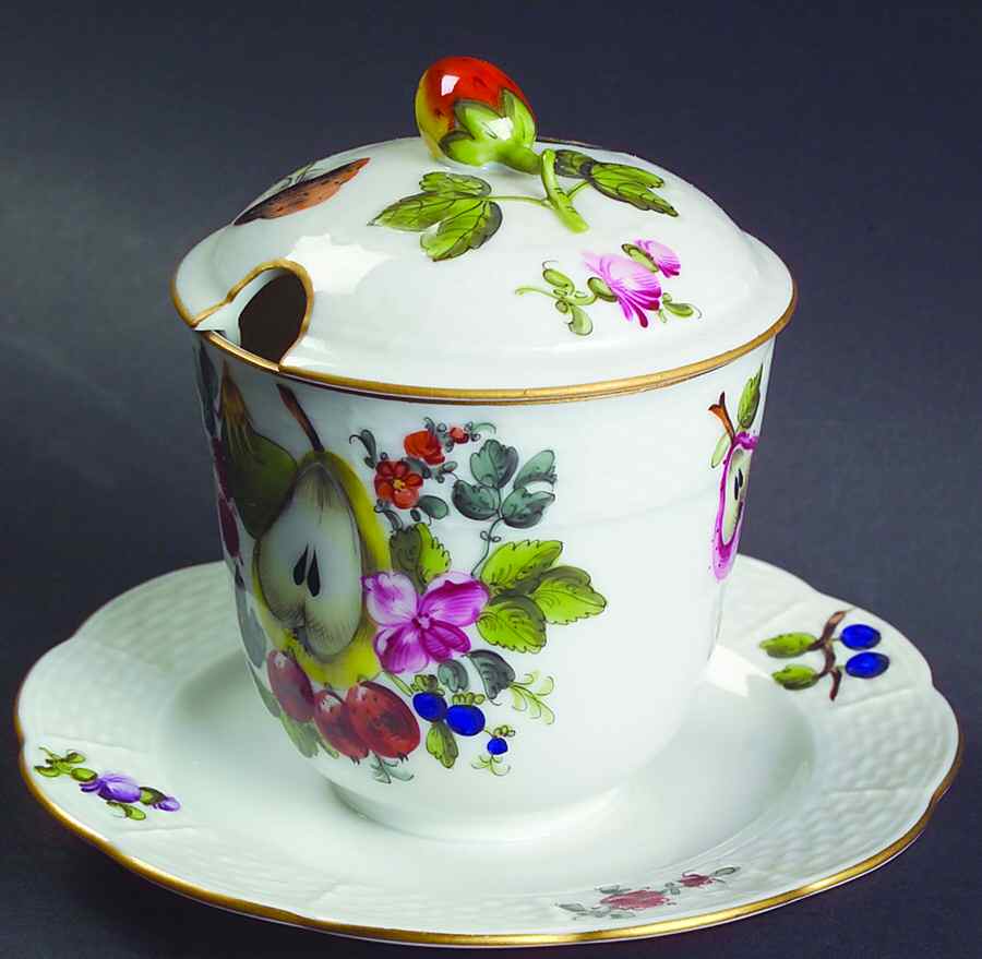 Fruits & Flowers (BFR) Jam/Jelly & Lid w/Attached Underplate by Herend-1