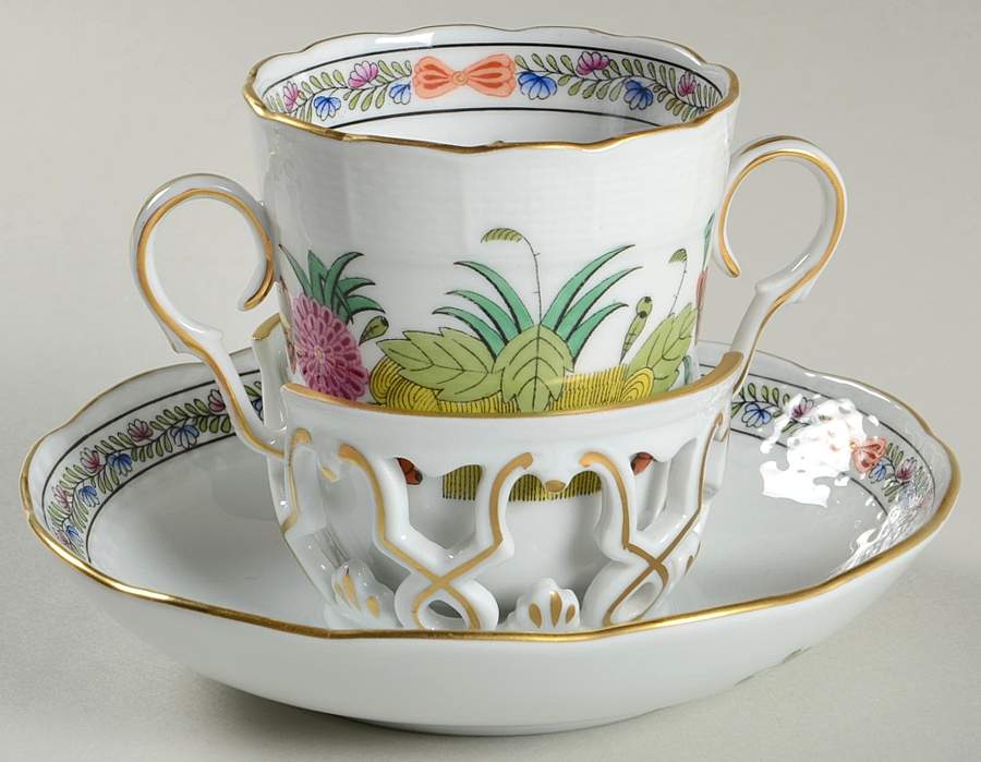 Indian Basket Muliticolor (FD) 2 Handled Trembleuse Cup & Saucer Set by Herend-1