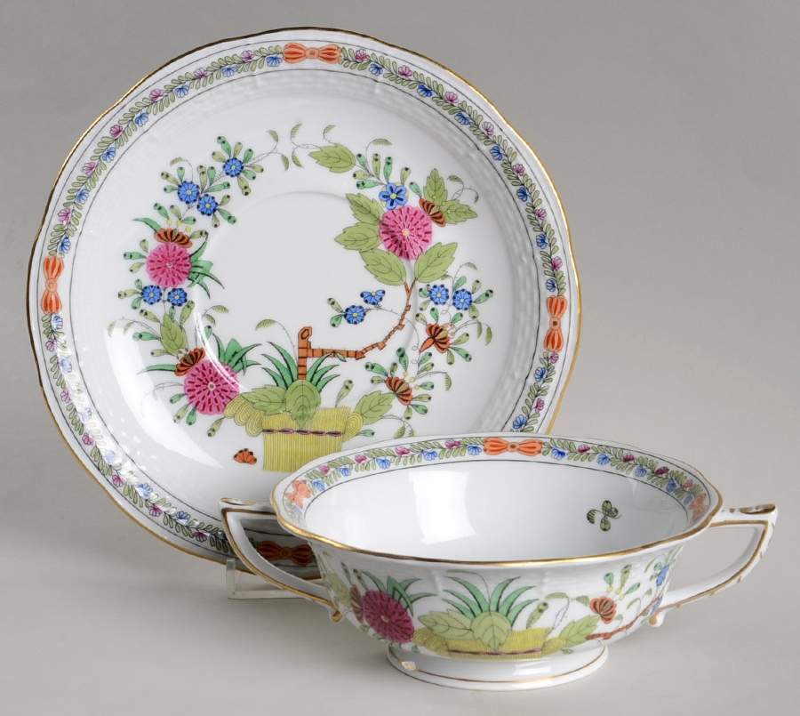 Indian Basket Muliticolor (FD) Footed Cream Soup Bowl & Saucer Set by Herend-1