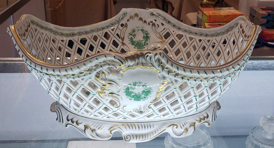 Indian Basket Green (FV) 16" Oval Openwork Basket by Herend-1