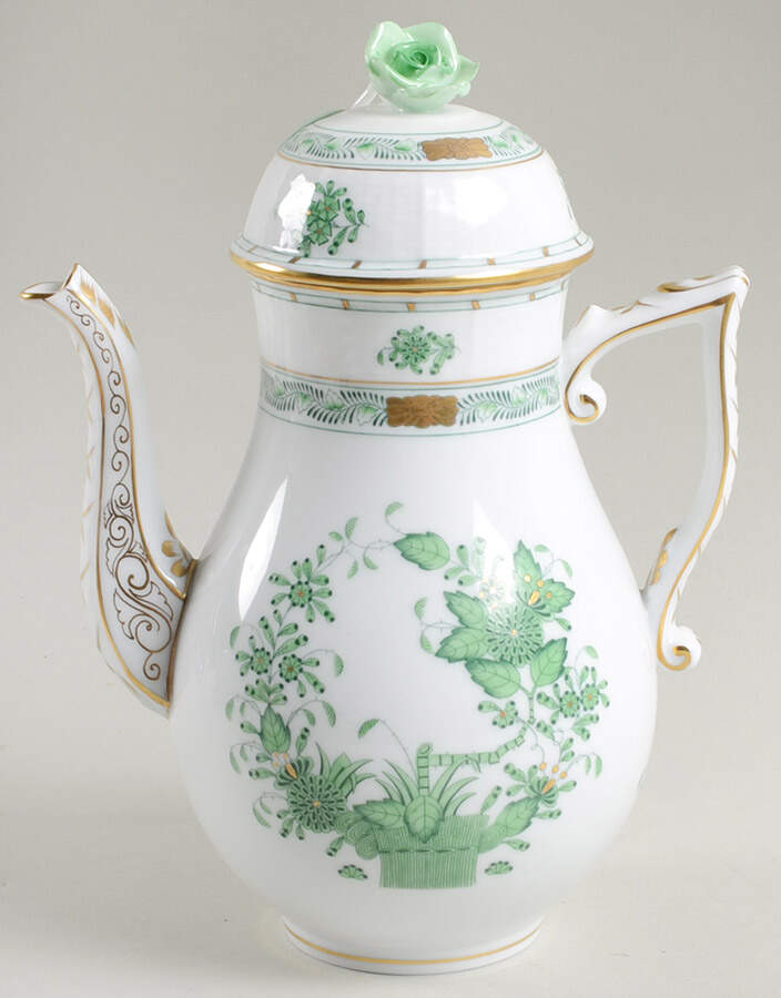 Indian Basket Green (FV) Small Coffee Pot & Lid by Herend-1