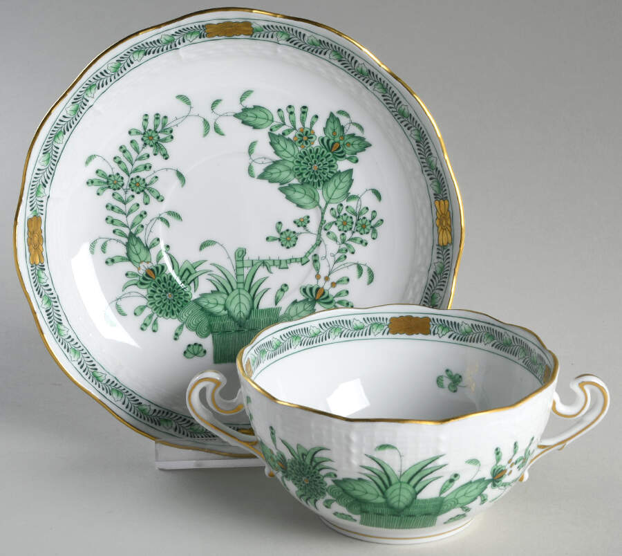 Indian Basket Green (FV) Flat Cream Soup Bowl & Saucer Set by Herend-1