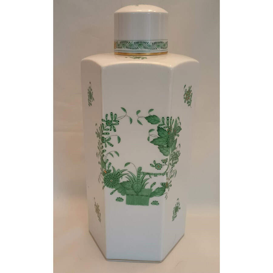 Indian Basket Green (FV) Hexagonal Vase with Lid by Herend-1