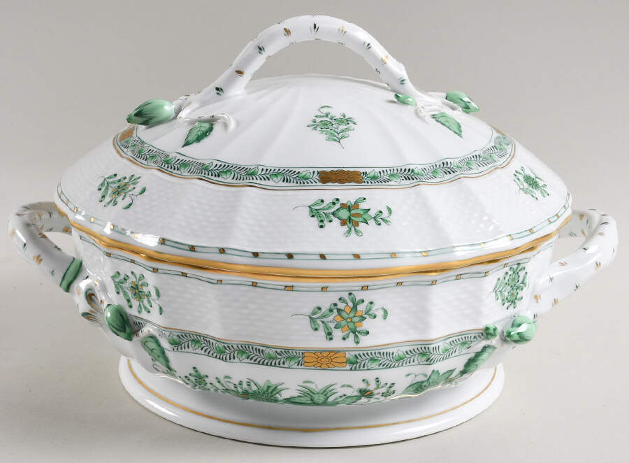 Indian Basket Green (FV) Round Covered Vegetable by Herend-1