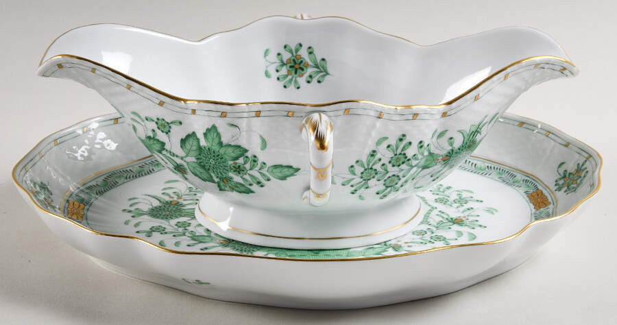 Indian Basket Green (FV) Gravy Boat & Underplate by Herend-1