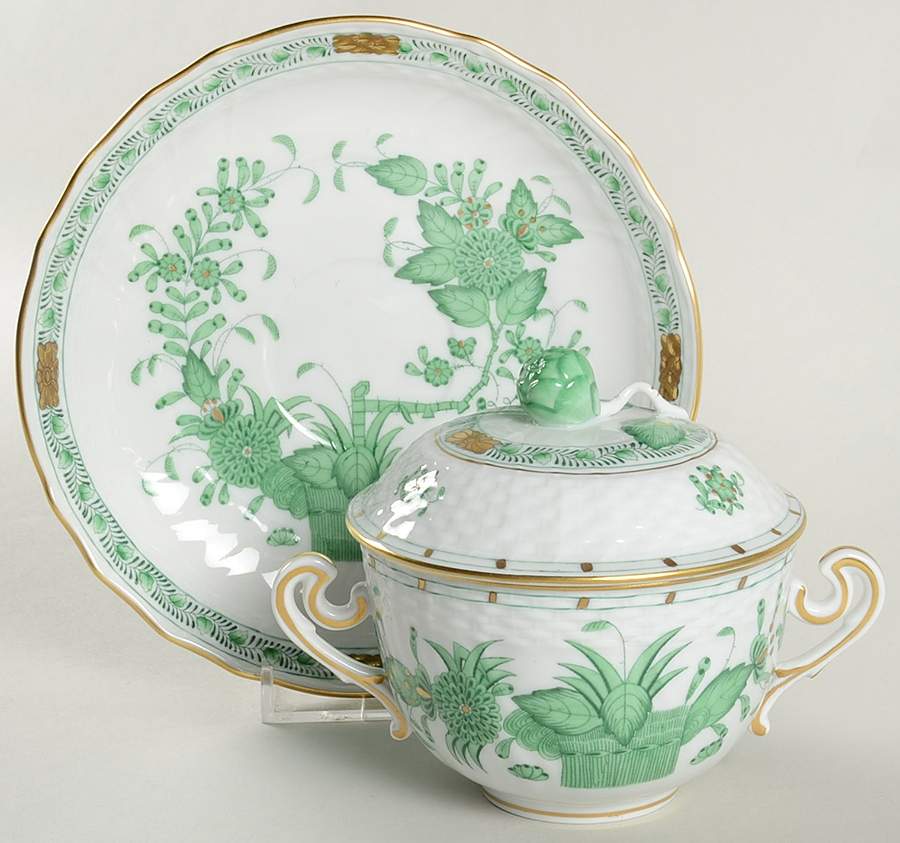 Indian Basket Green (FV) Saucer for Cream Soup Bowl & Lid by Herend-1