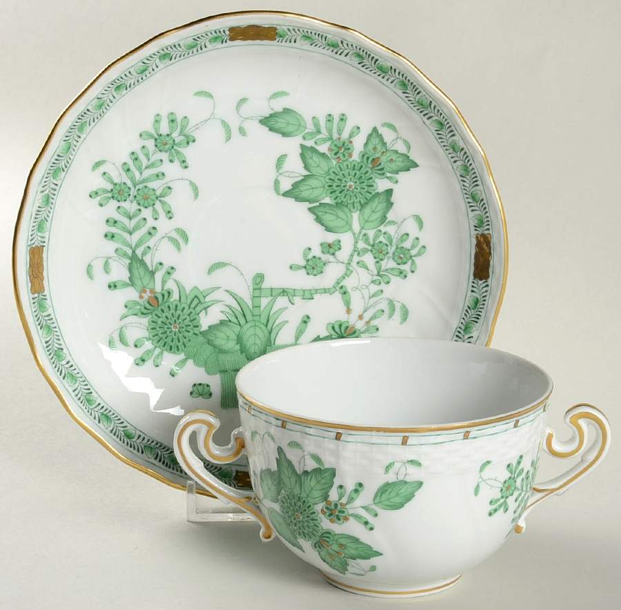 Indian Basket Green (FV) Flat Cream Soup Bowl & Saucer Set by Herend-1