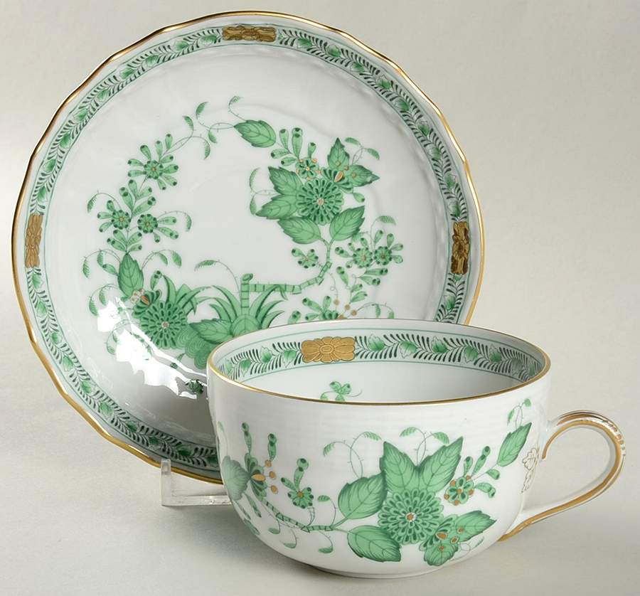 Indian Basket Green (FV) Flat Cup & Saucer Set by Herend-1