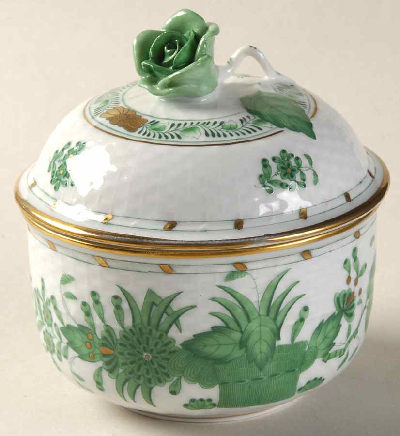 Indian Basket Green (FV) Sugar Bowl & Lid by Herend-1