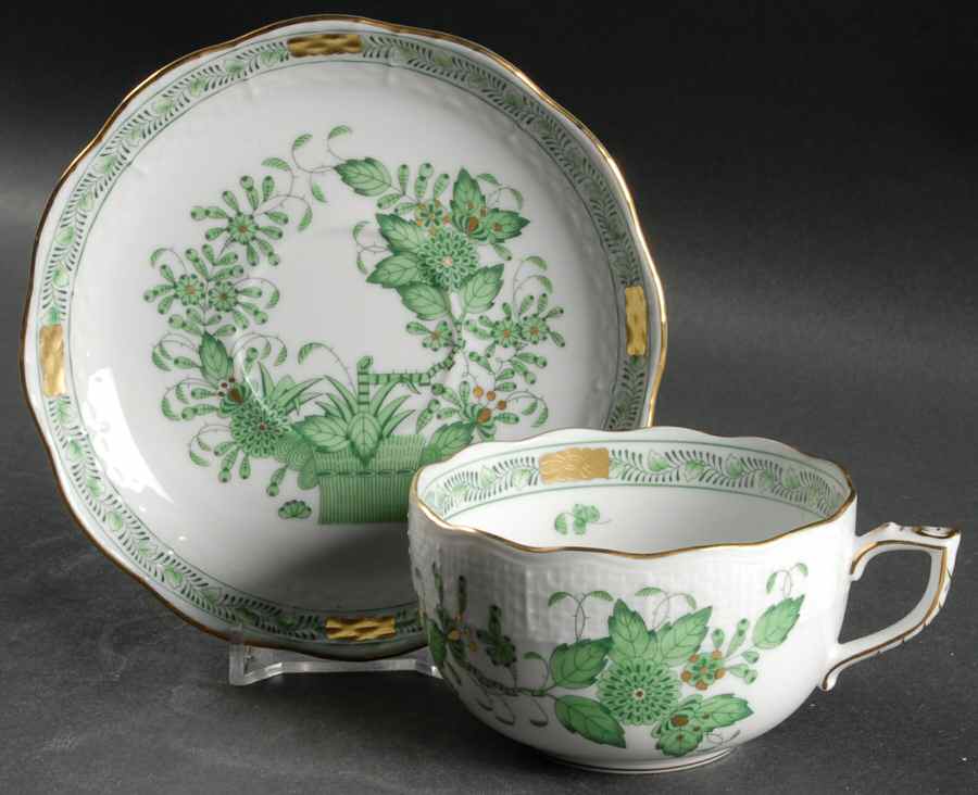 Indian Basket Green (FV) Flat Cup & Saucer Set by Herend-1
