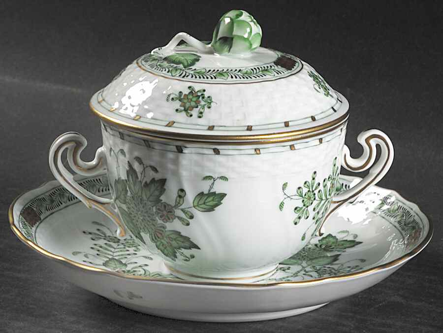 Indian Basket Green (FV) Cream Soup Bowl & Saucer Set with Lid by Herend-1