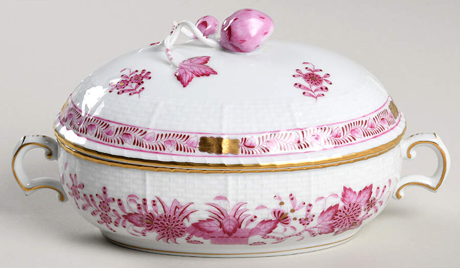 Indian Basket Raspberry (P) Oval Candy Box & Lid by Herend-1