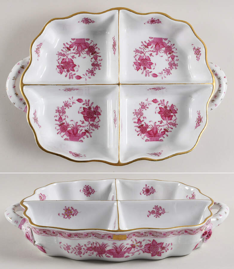 Indian Basket Raspberry (P) 4 Part Handled Hors d'Oeuvre Dish by Herend-1