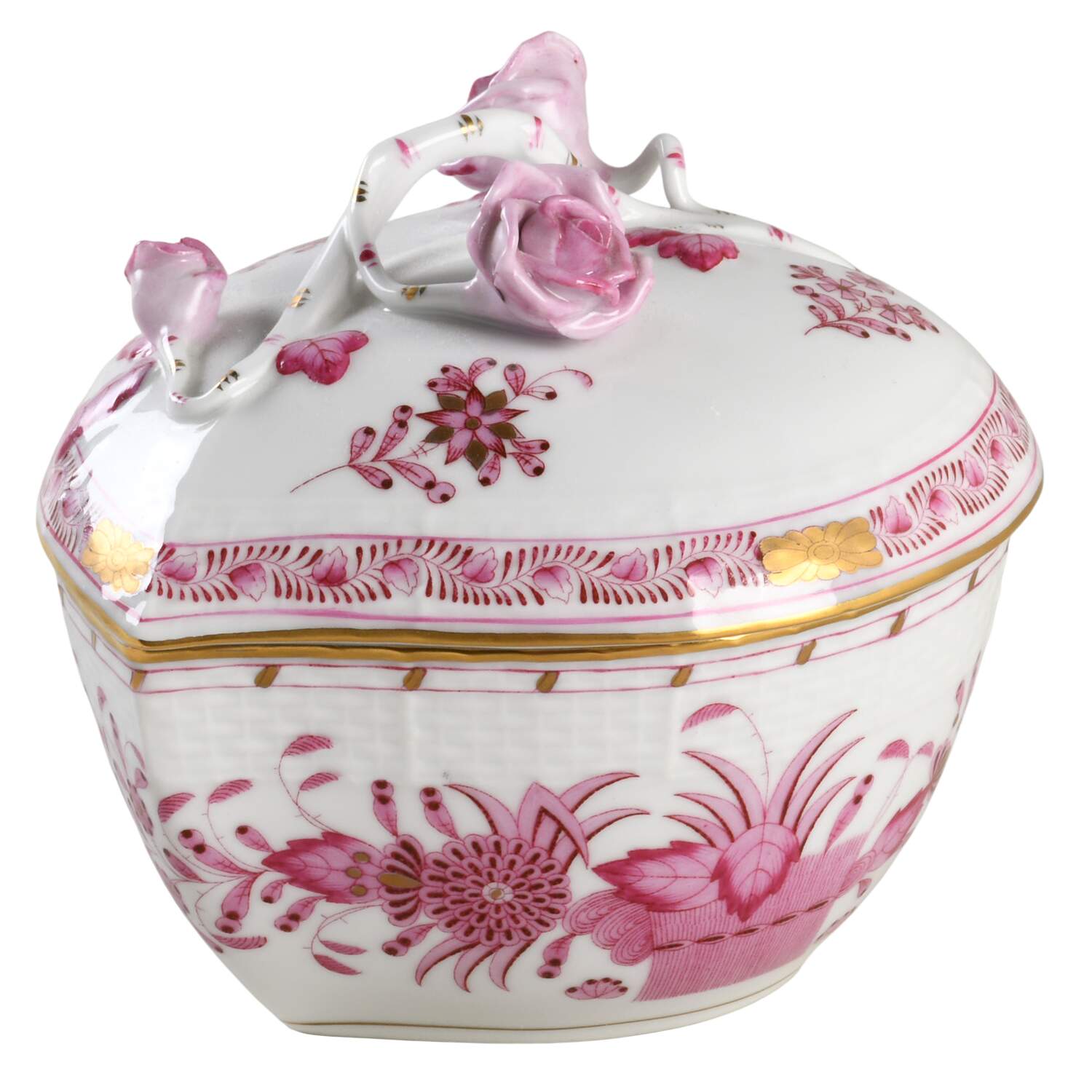 Indian Basket Raspberry (P) 5" Heart Shape Bon Bon & Lid by Herend-1