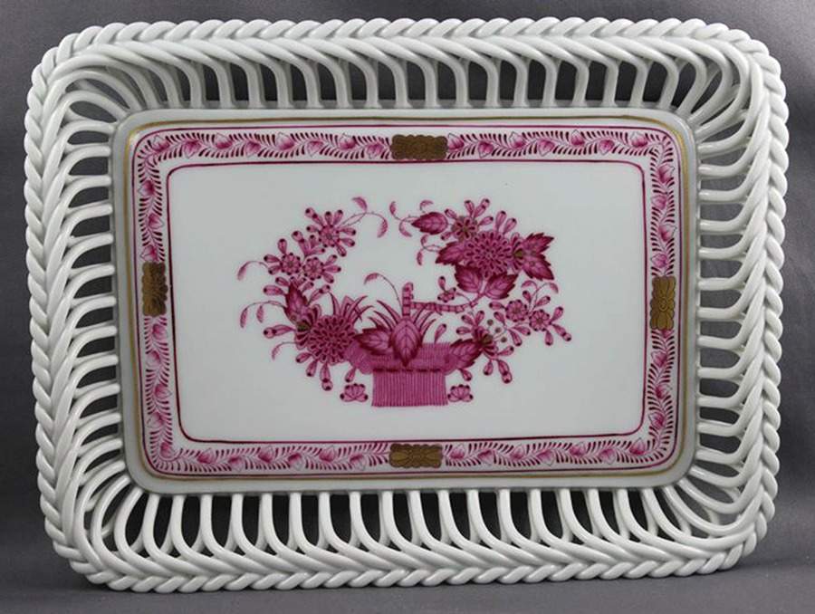 Indian Basket Raspberry (P) 8" Rectangular Open Weave Basket by Herend-1