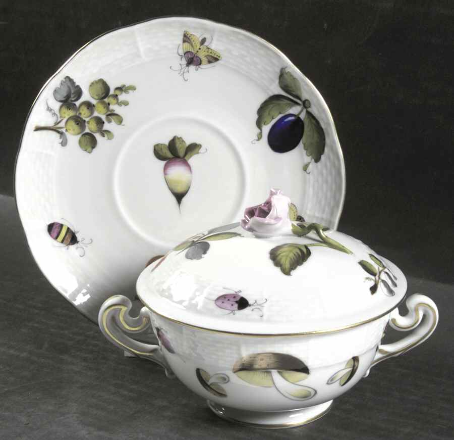Market Garden (FR) Cream Soup Bowl & Saucer Set with Lid by Herend-1
