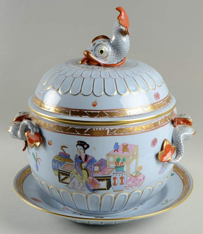 Ming (Blue Background) Dolphin Tureen wLid & Underplate by Herend-1