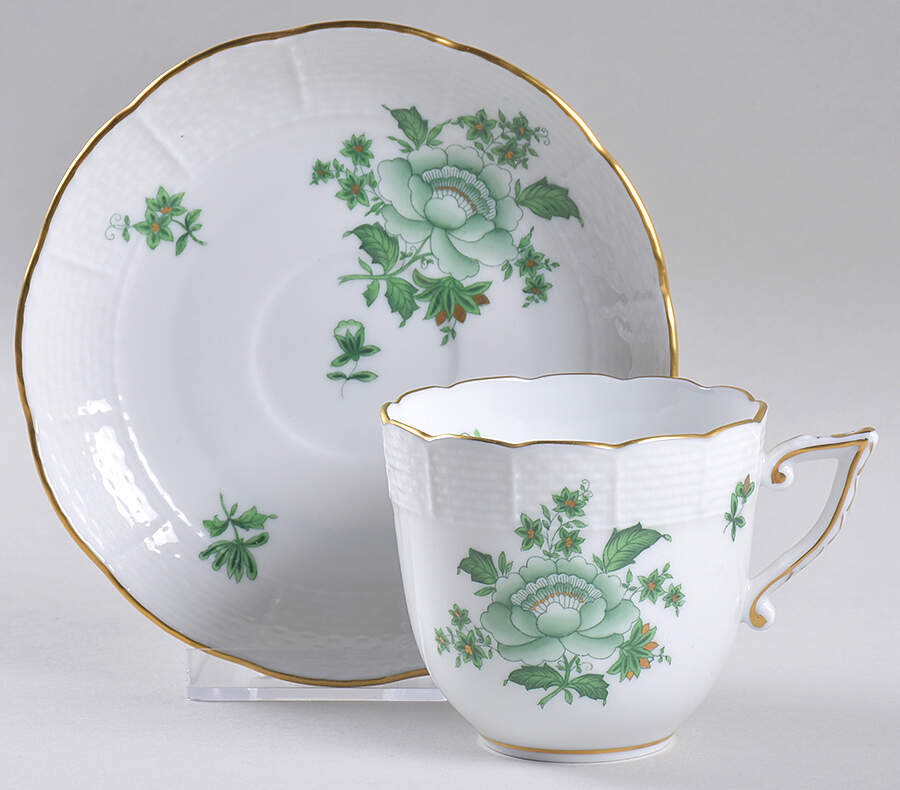 Nanking Bouquet Vert Green (NBV) Chocolate Cup & Saucer Set by Herend-1