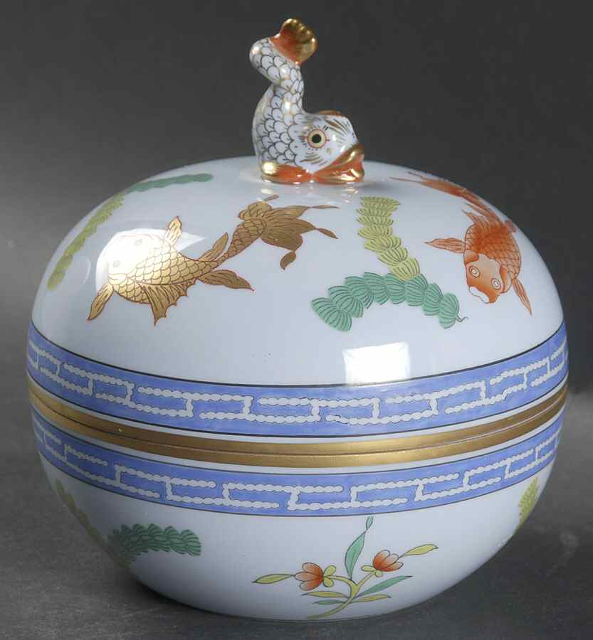 Poisson (PO) (Blue Background) Bonbonniere with Dolphin Finial by Herend-1