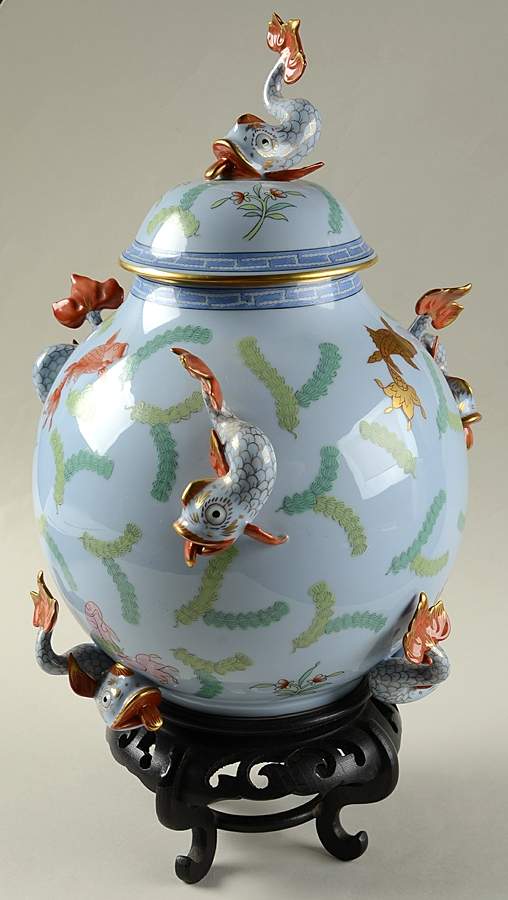 Poisson (PO) (Blue Background) Large Temple Jar & Lid with Wood Stand by Herend-1