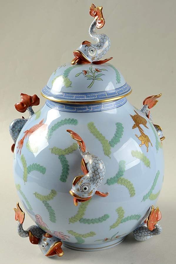 Poisson (PO) (Blue Background) Large Temple Jar & Lid by Herend-1
