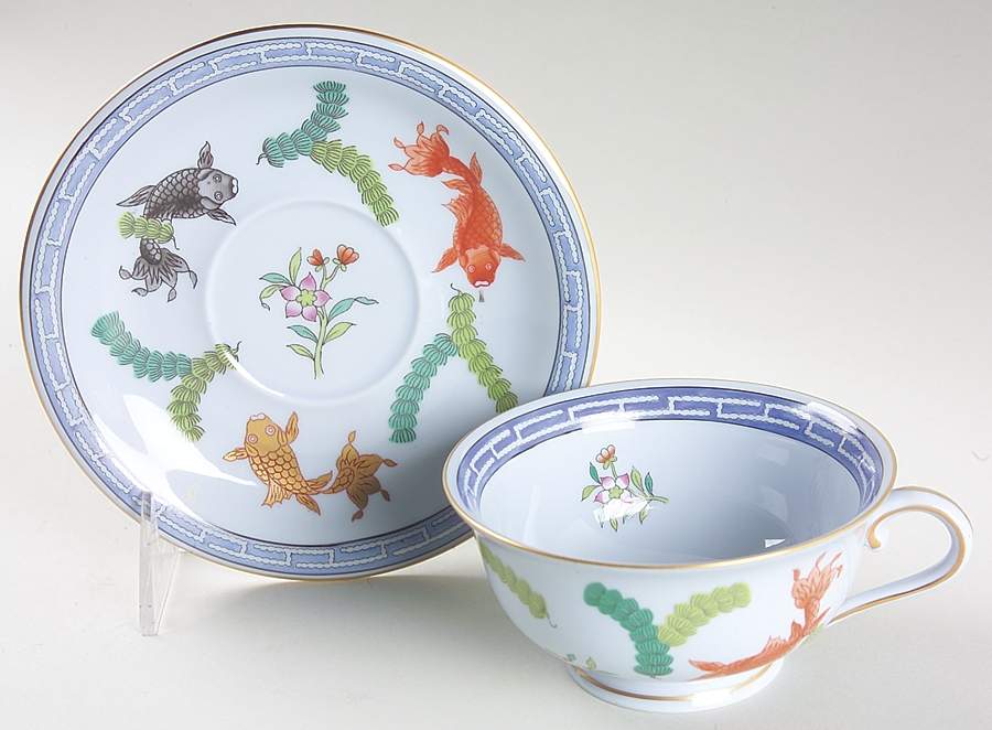 Poisson (PO) (Blue Background) Footed Cup & Saucer Set by Herend-1