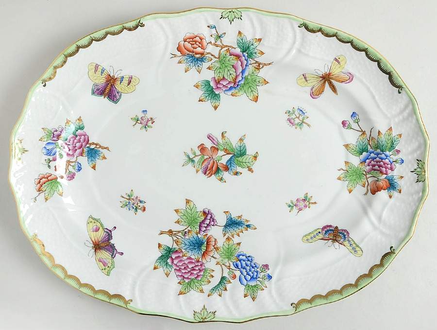 Queen Victoria (Green Border) 14" Oval Serving Platter by Herend-1