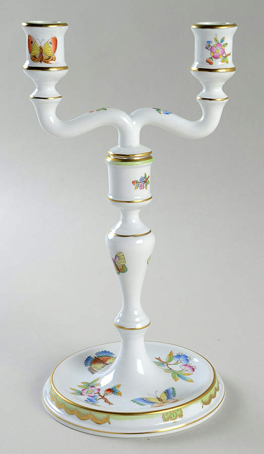 Queen Victoria (Green Border) Double Light Candlestick by Herend-1
